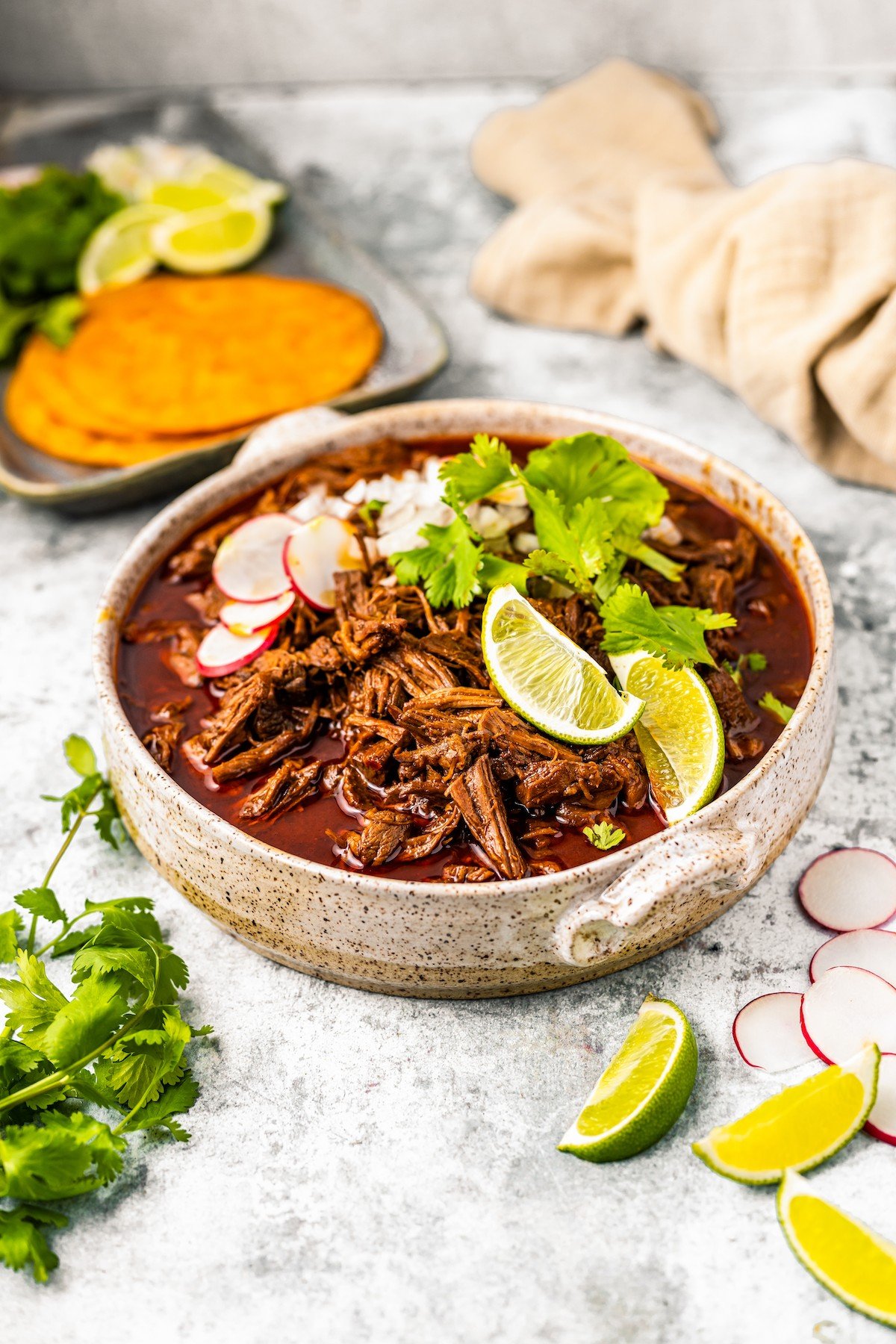 This authentic crockpot birria is a spicy, saucy, and hearty Mexican dinner you'll love with corn tortillas and crunchy toppings. Bowl of crockpot birria with onion, radishes, cilantro, and a lime wedge.