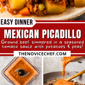 Picadillo being prepared in a skillet and a serving on a plate with rice.