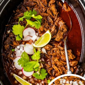 Slow cooker birria shredded in a crockpot toped with radishes, onion, lime and cilantor.