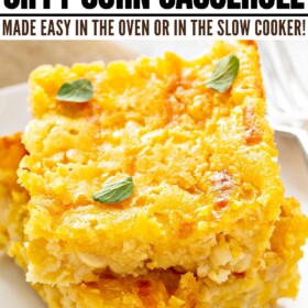 Corn casserole squares stacked on top of each other on a plate.